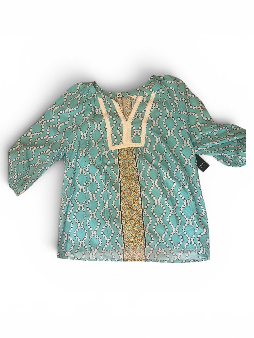 Crown & Ivy Aqua Yellow Flower Power II Geometric Tunic‎ Blouse NWT Medium